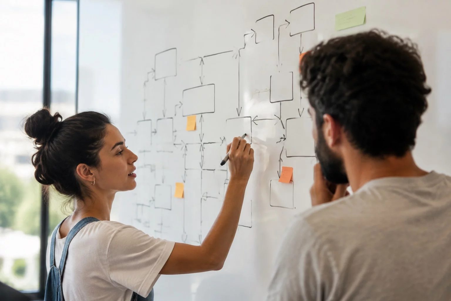 Duas pessoas diante de um quadro branco com um mapa de argumento desenhado à mão