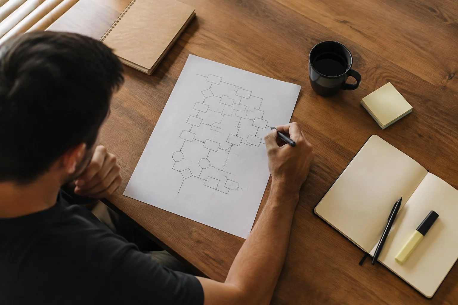 Vista de cima de uma mesa com um diagrama de lógica desenhado à mão