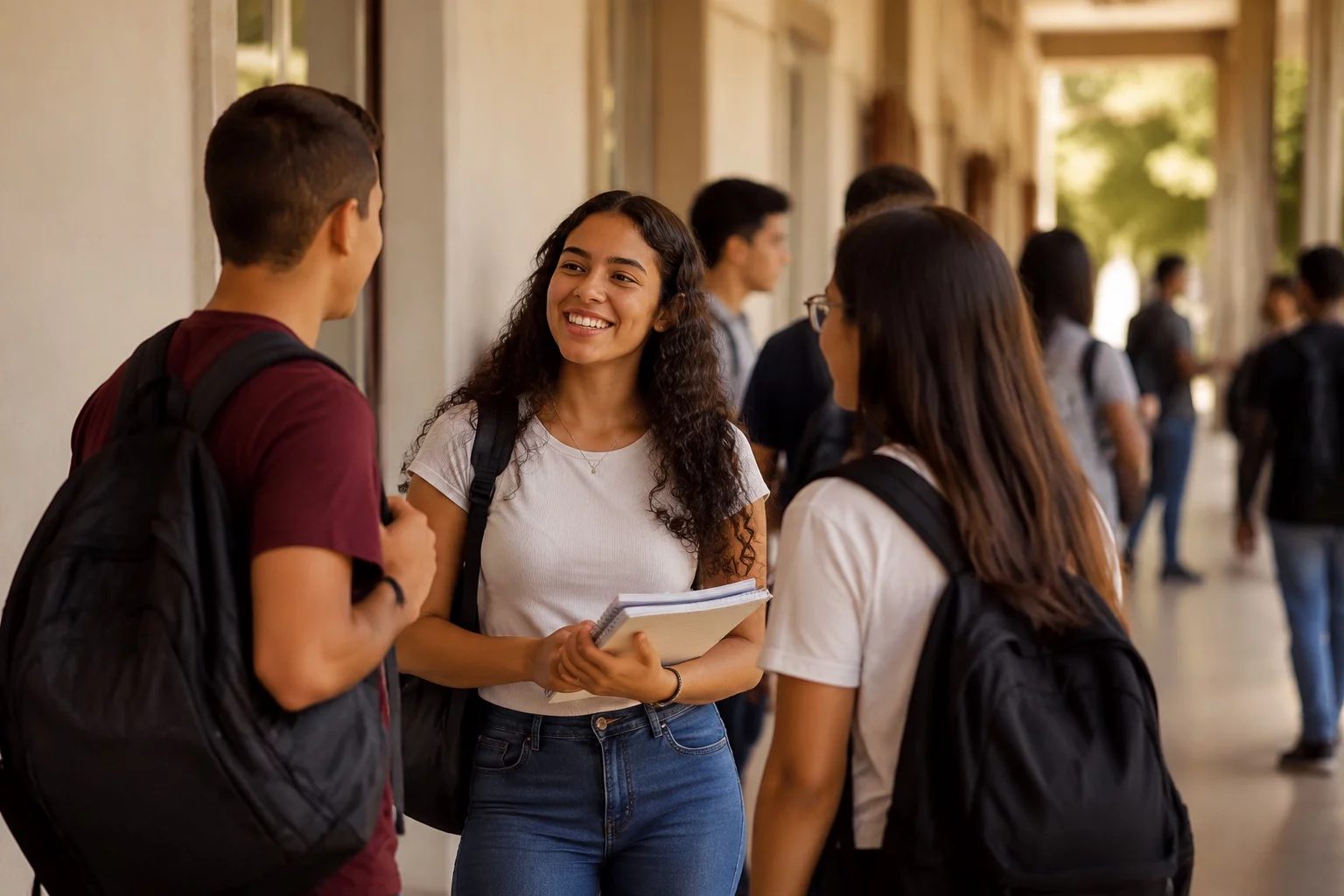 Estudantes com mochilas conversando no corredor de uma universidade