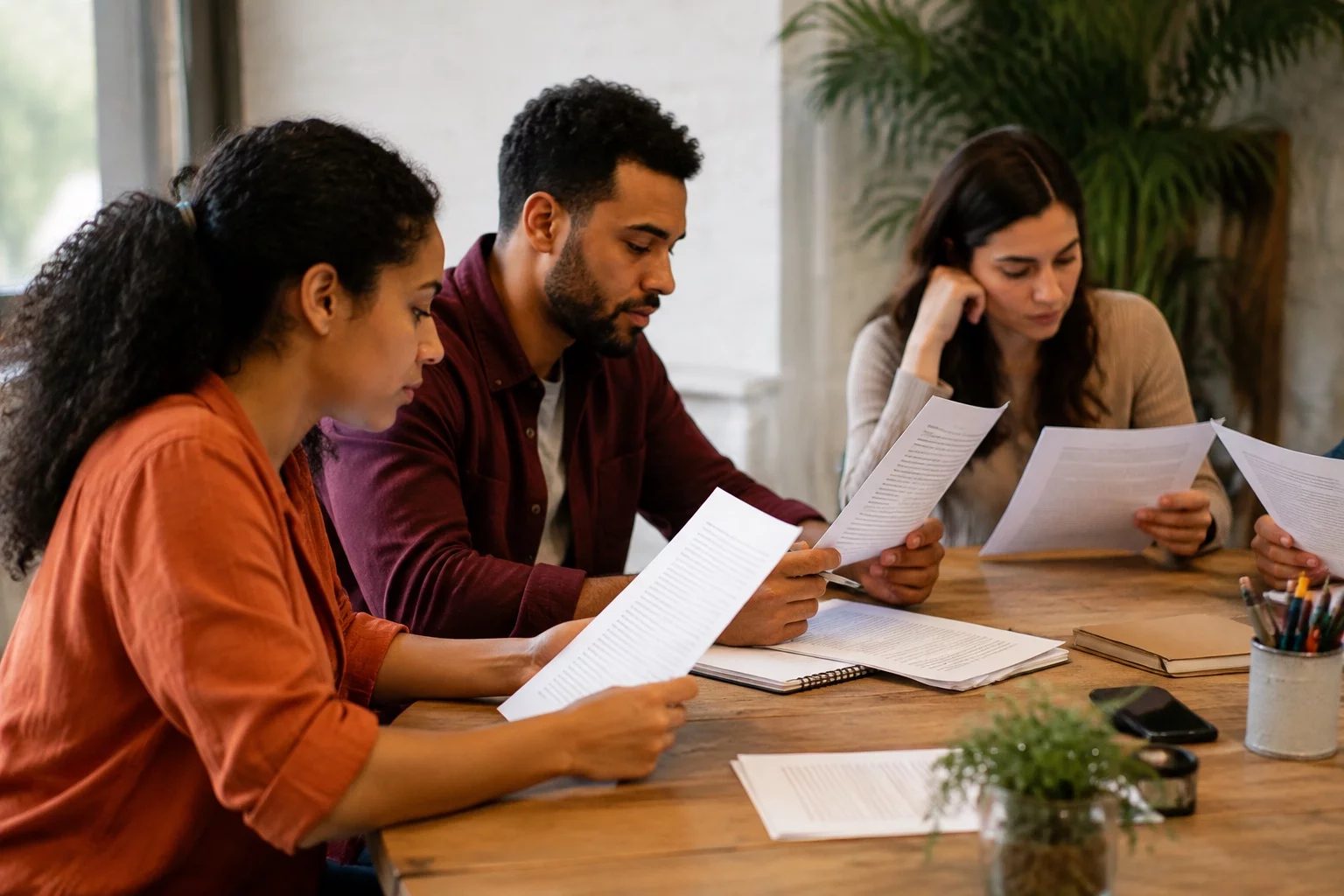 Grupo pequeno lendo páginas impressas de argumentos ao redor de uma mesa