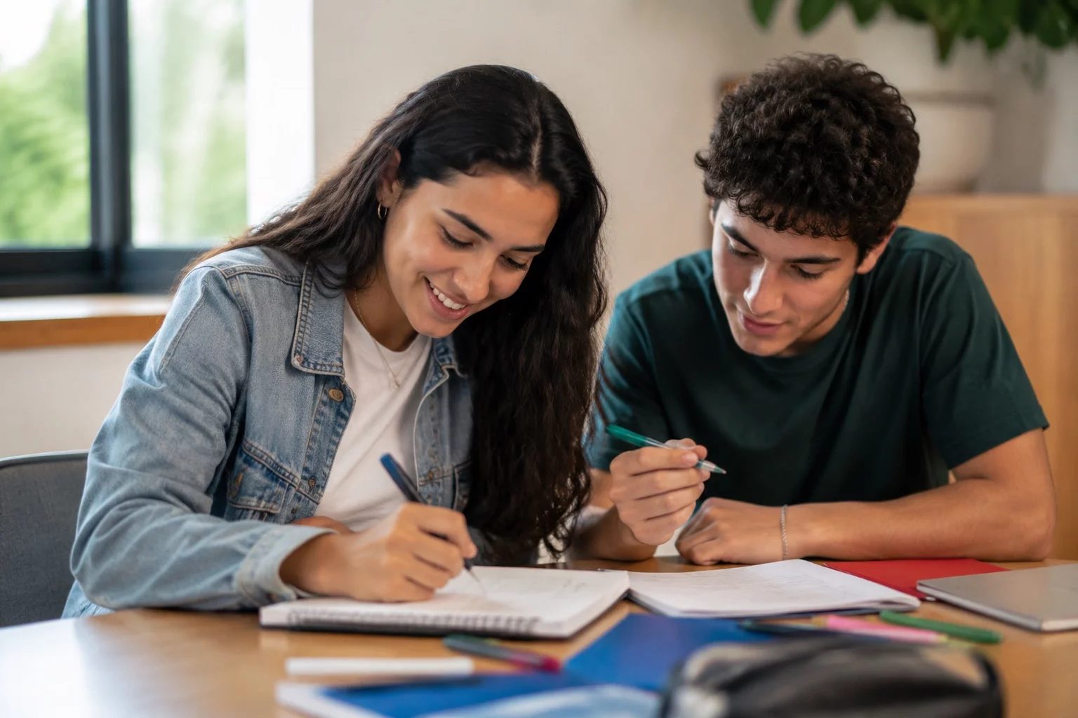 Dois estudantes preparando um debate com cadernos e marcadores