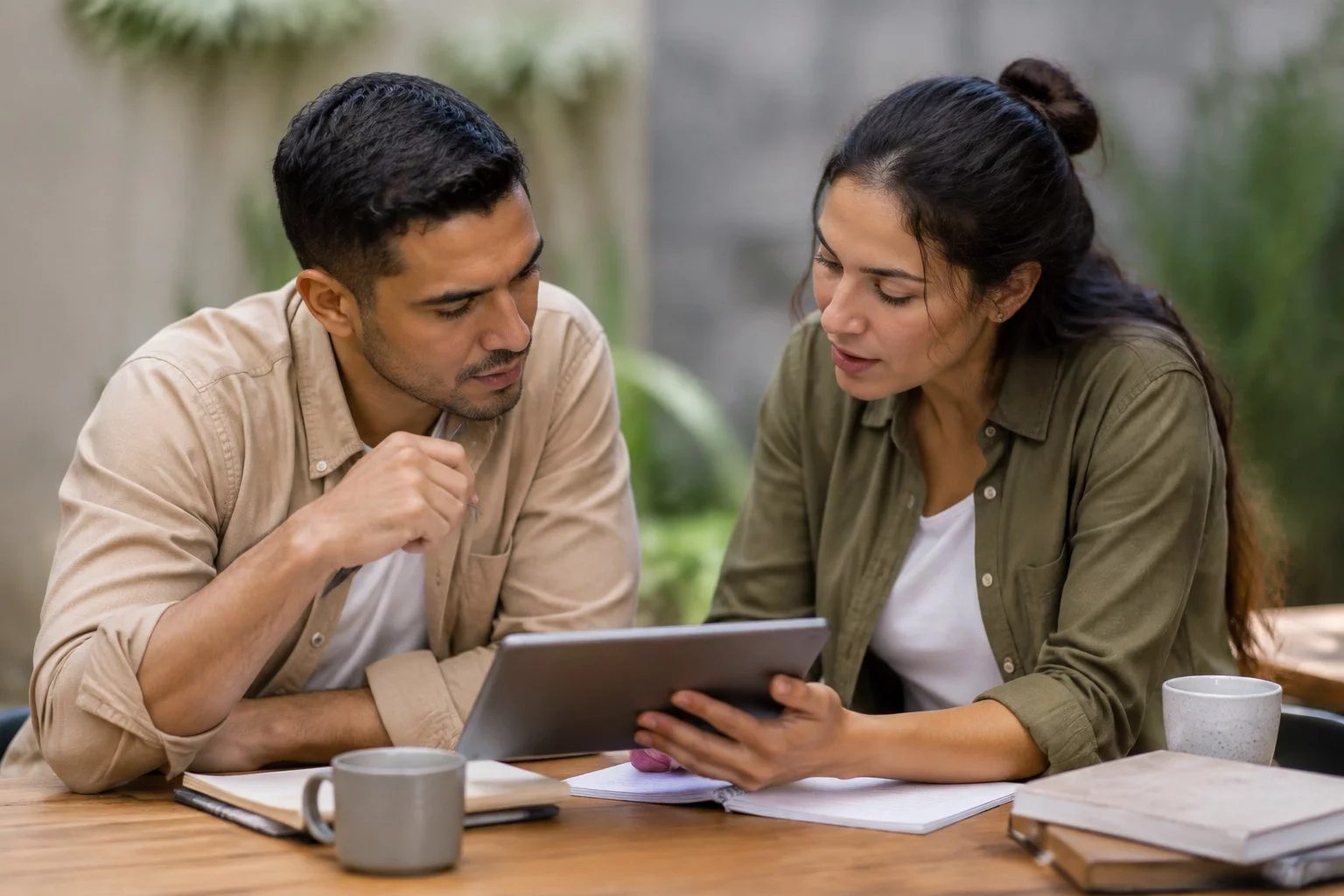 Duas pessoas revisando anotações em um tablet sobre uma mesa de madeira