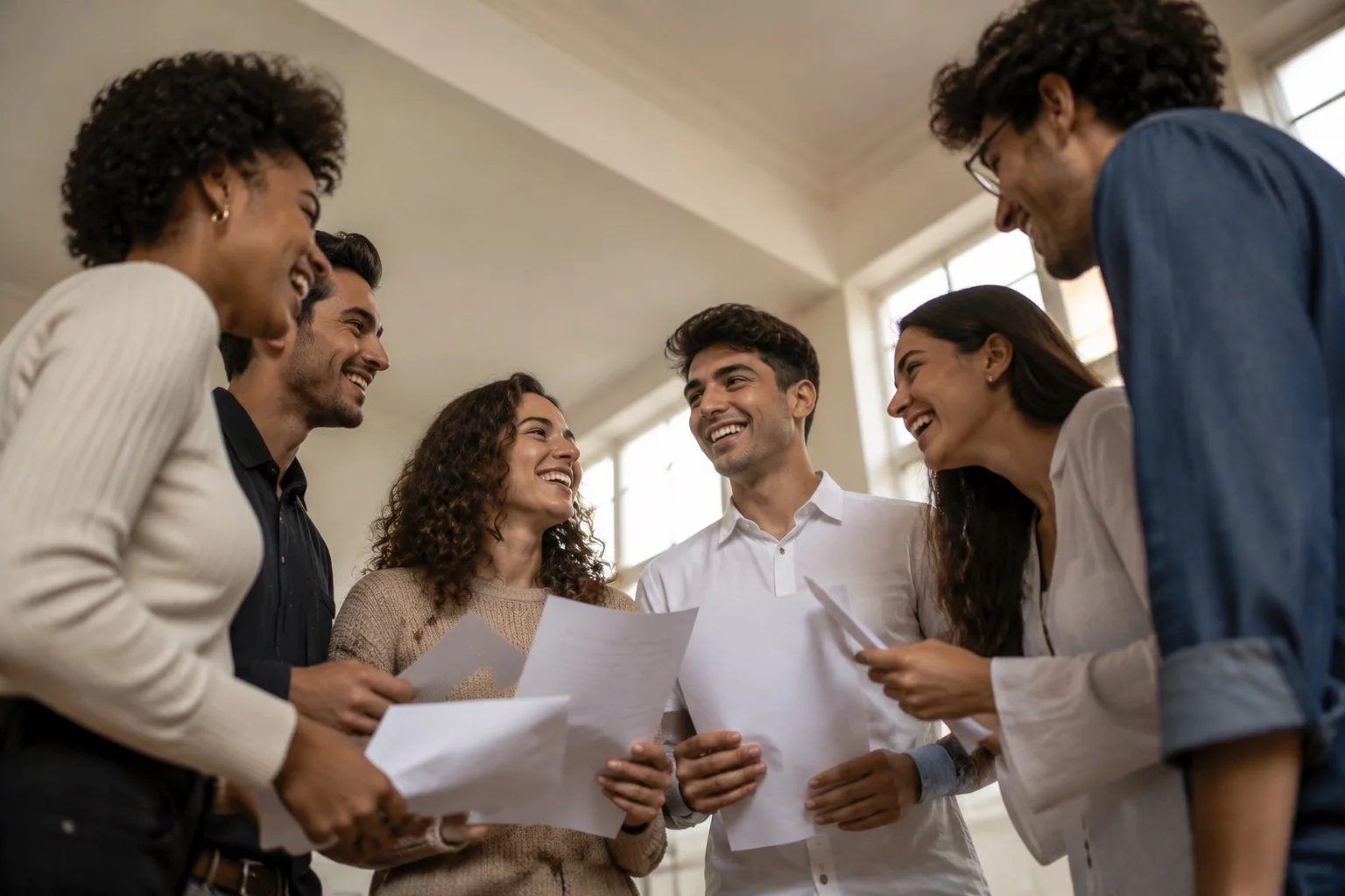Grupo sorrindo após uma rodada de debate, com papéis nas mãos